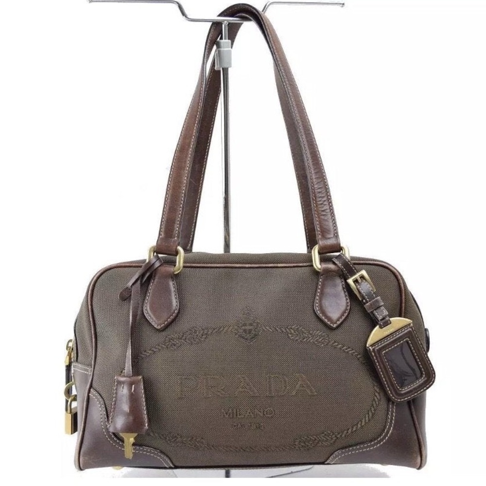 Authentic Prada Monogram Logo Boston Shoulder Bag Leather Jacquard